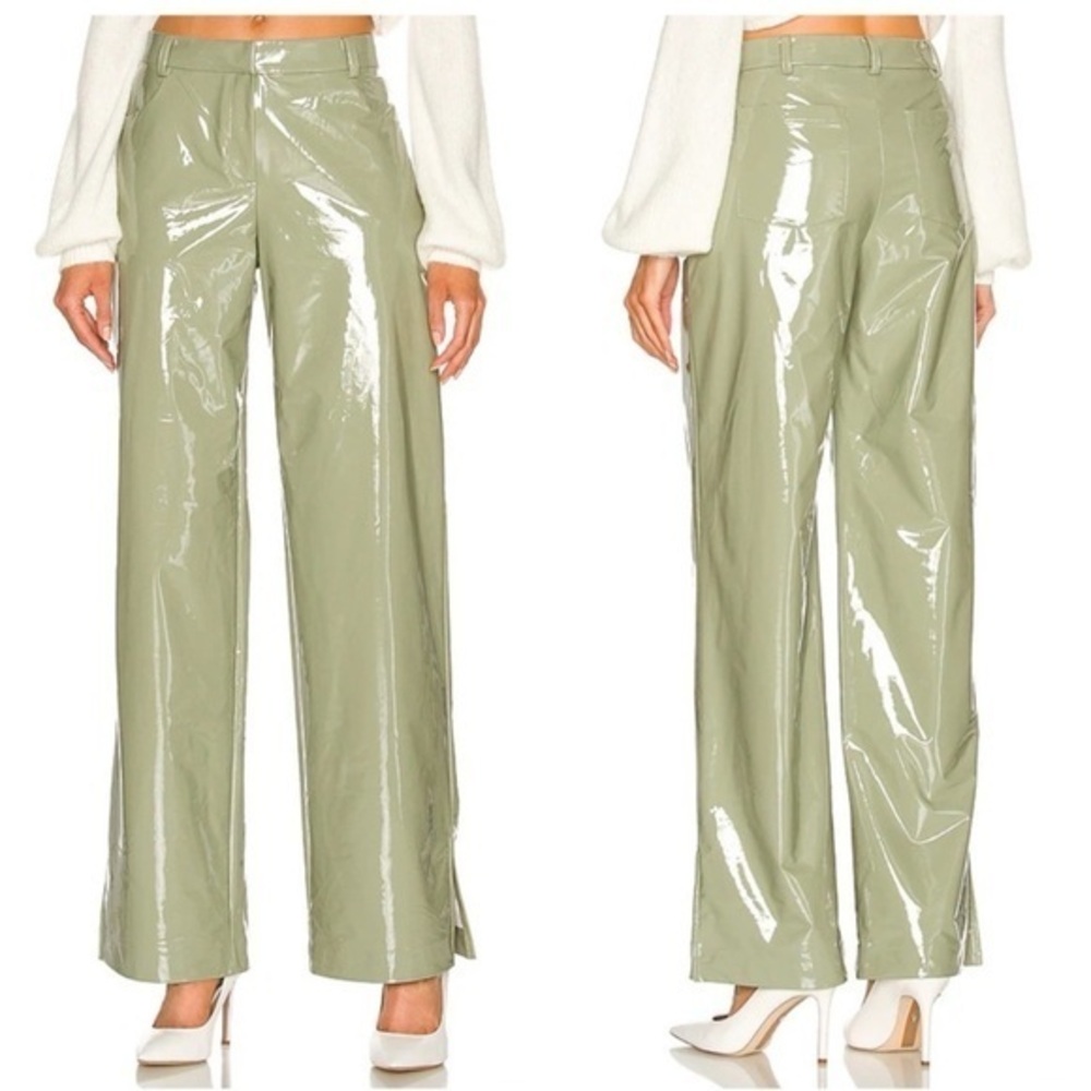 NWT Camila Coelho Pants Cyrus Wide Leg in Patent Leather Sage Green